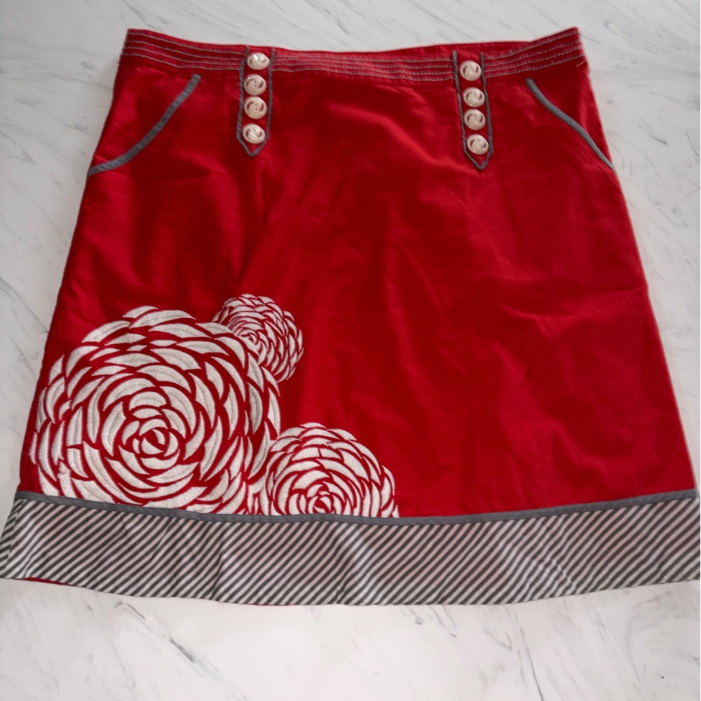 Anthropologie/Floreat Skirt 14 orange floral  embridery aline button stripe gray